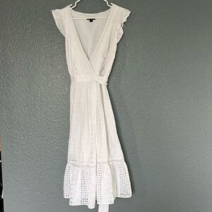 J. Crew// White MIDI length all over eyelet wrap dress size 00 Flutter sleeve